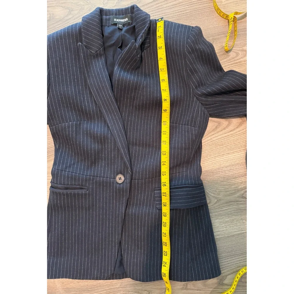 Express Womens Navy Pinstripe Skirt Suit Set Blazer XS Skirt Small Ruffle Trim